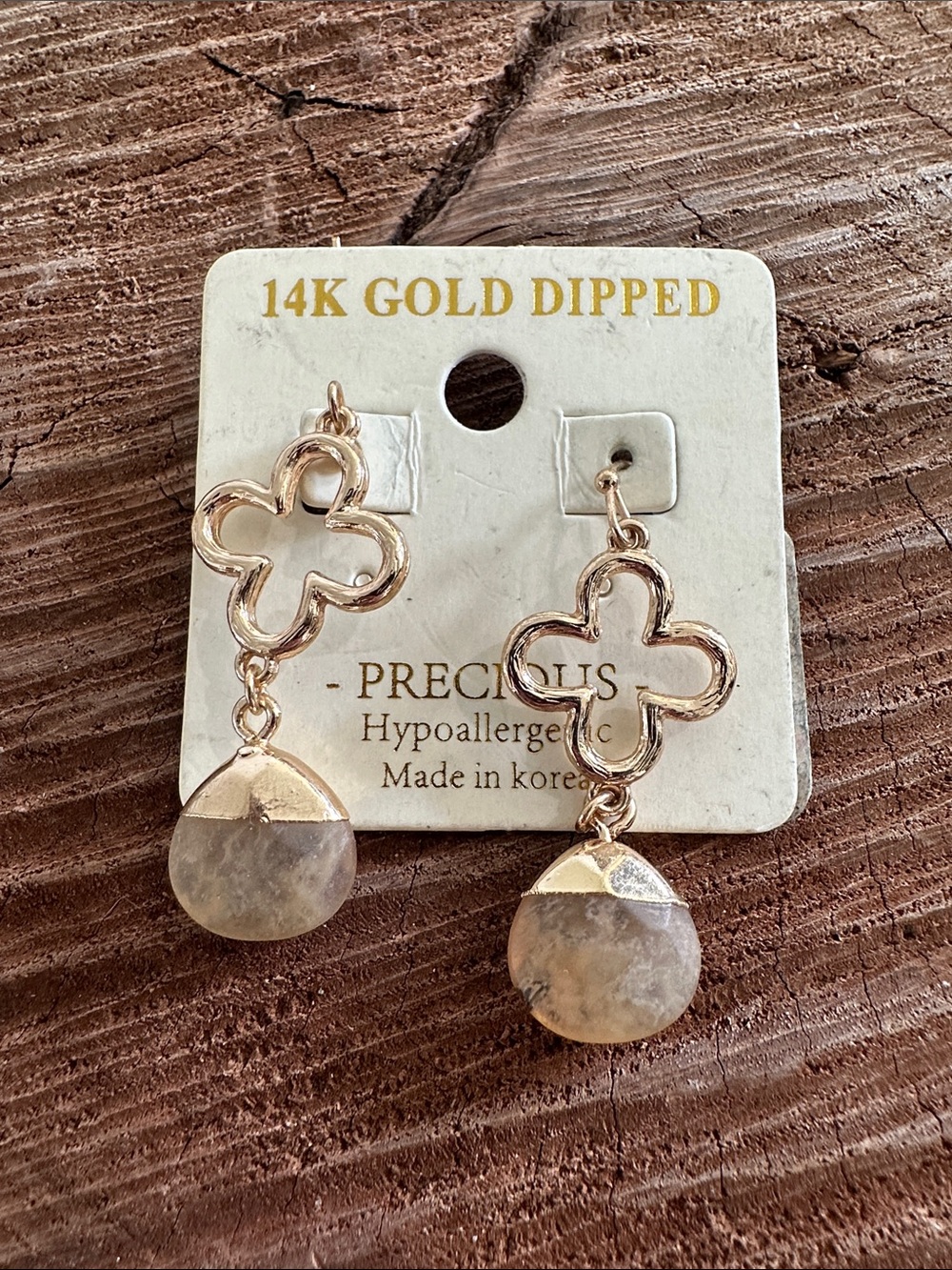 14K Gold Dipped Clover Drop Earrings with Beige Stone